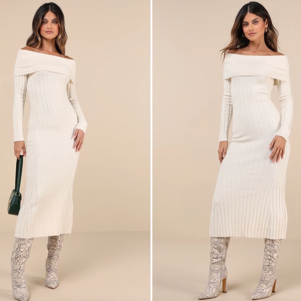 LULUS CREAM RIBBED OFF THE SHOULDER SWEATER DRESS